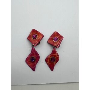Vintage MAM Designer Pink Orange Geometric Dangle Clip On Rhinestone Earrings